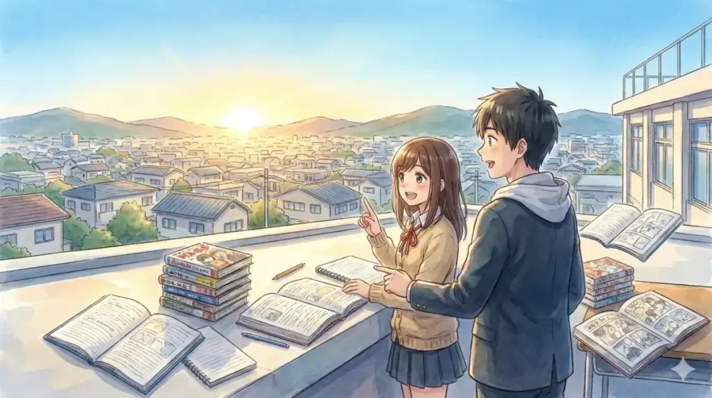 ネクスト・アオのハコ診断チャート!屋上でノートを広げ街を見下ろしながら自分に合うおすすめ作品を選ぶ男女