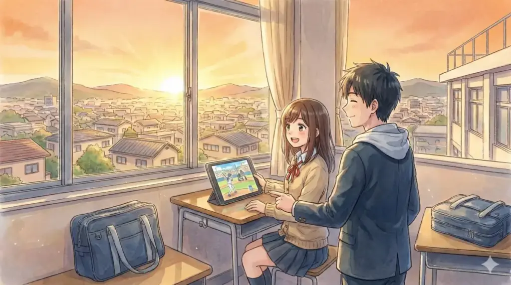 アニメ化作品も大人気!夕暮れの教室でタブレット動画を見て盛り上がる男女とU-NEXTでの一気見訴求イラスト