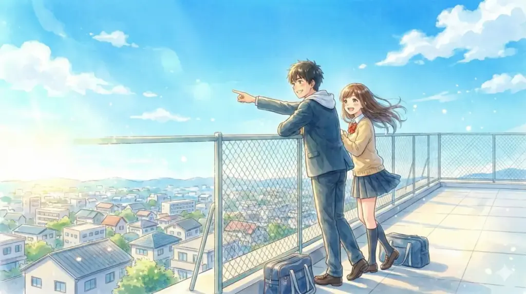 アオのハコの魅力は全力の青春!屋上のフェンス際で青空を指差す男女が新しい推し作品を見つける希望の結末