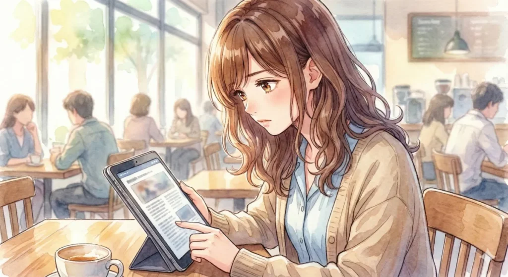 経験者ならではの息遣いや演技のリアリティについての解説をタブレットで真剣に追いかける女の子