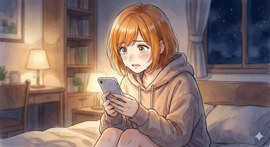 原作漫画で描かれる魂の削り合いや衝撃の展開を読み、自室で涙を流しながらスマホを見つめる女の子