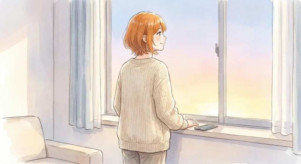 自分に合った視聴環境で熱い物語を見届けるまとめ記事を、窓際で晴れやかな表情で閲覧する女の子