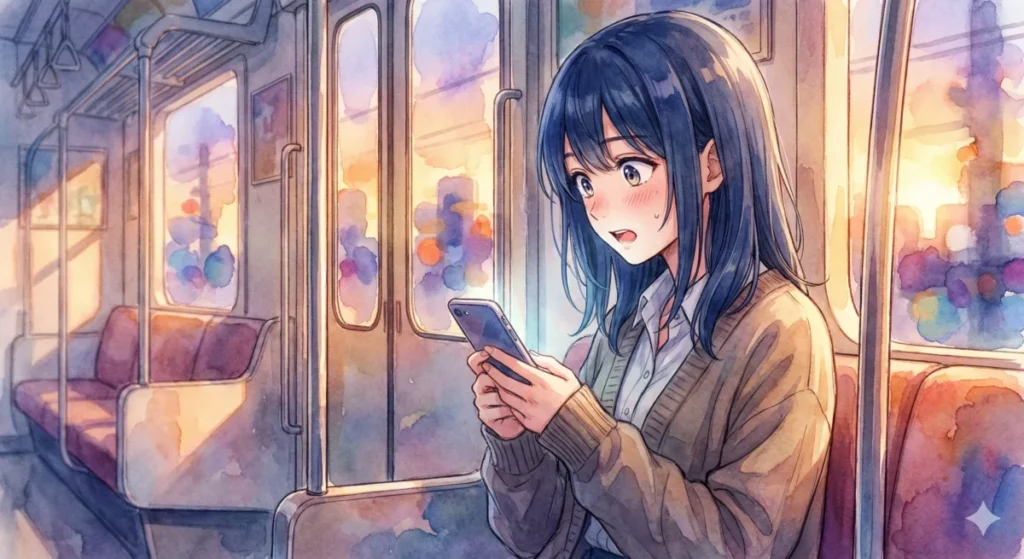 夕暮れの電車内で、結束いのりの異常な成長速度と才能の本質についてスマホで驚きながら読む女性