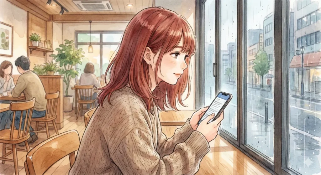 氷上の狂気と普段の無邪気なギャップなど、いのりが愛される3つの理由をカフェでスマホを使い読む女性