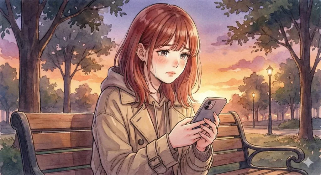 いのりとミミズに隠された切実な過去や師弟の絆の解説を、夕暮れの公園で涙を浮かべながらスマホで追う女性