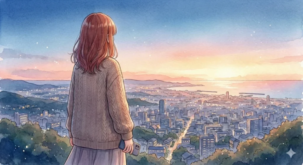 不器用な少女が世界へ羽ばたく希望の物語についてのまとめを、夜景の見える丘でスマホを手に閲覧する女性