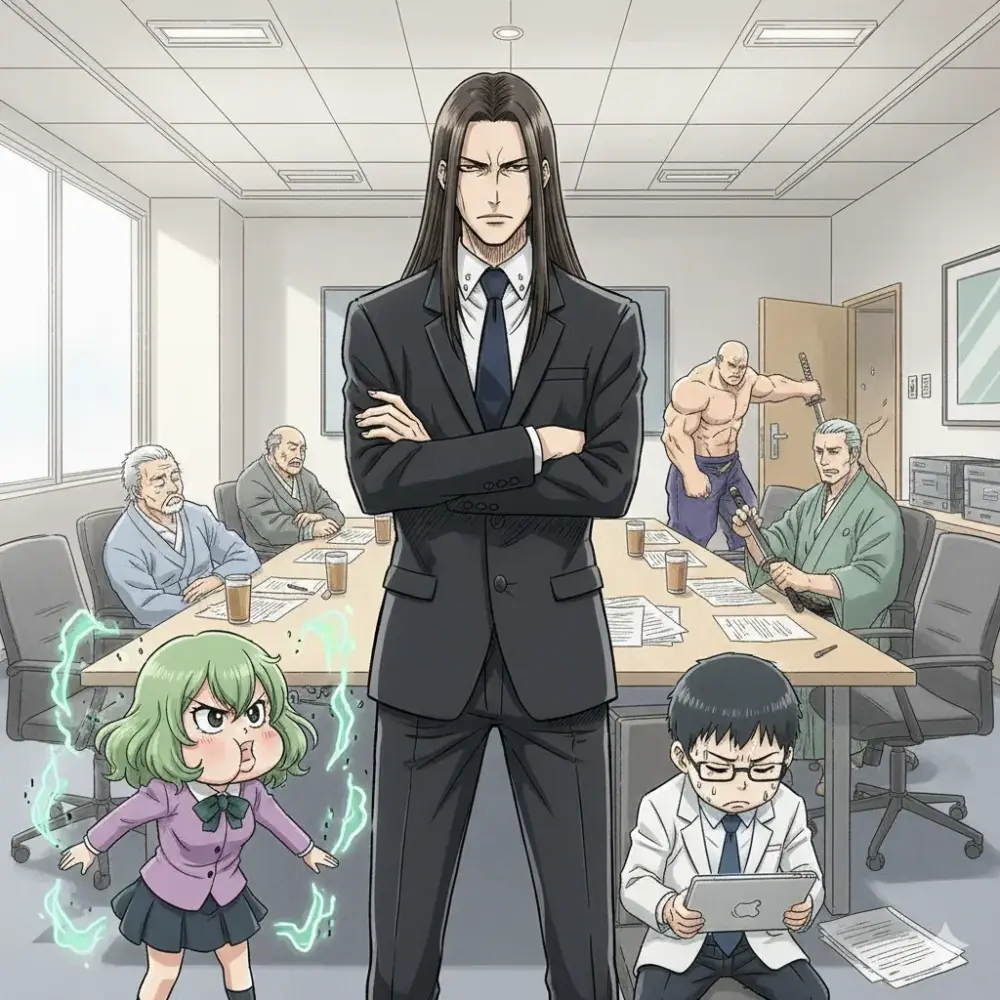 会議室で、長髪の男性がスーツ姿で腕を組み、中心に立っている。彼の周囲では、緑色の髪の小さな少女が怒って宙に浮き、電撃を放っている。手前にはタブレットを持つ若い男性が座っており、奥の会議テーブルには数人の老人が座っている。また、上半身裸で刀を携えた男性が部屋の隅に立っている。