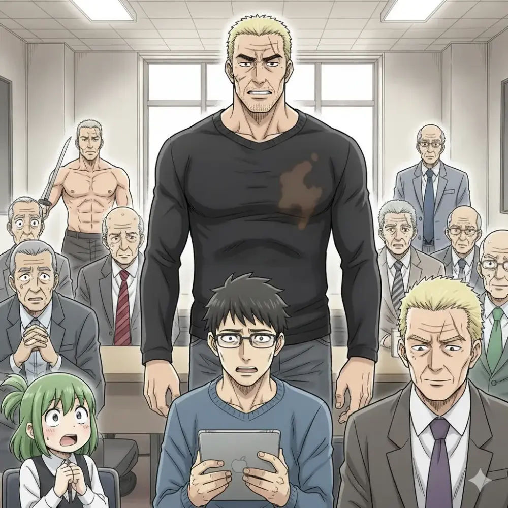 会議室で、大きな体格の男性が中央に立っており、彼のシャツには茶色いシミがついている。彼の前にはタブレットを持つ若い男性が座っており、画面下部では、緑色の髪の小さな少女が驚いた表情で手を合わせて見上げている。周囲には数人の年配の男性が座っており、奥には刀を持つ上半身裸の男性も見える。