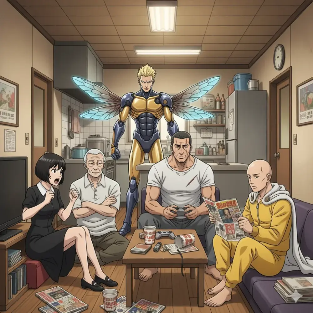 アパートの一室に数人の人物が集まっている。画面中央にはゲームコントローラーを持った筋肉質な男性が座っており、その後ろには昆虫の羽根を持つサイボーグのような男性が立っている。ソファには黄色いジャージを着たスキンヘッドの男性が新聞を読んでおり、その隣には黒いドレスを着た女性が座って驚いたような表情を見せている。テーブルの上には雑誌やカップが置かれている。