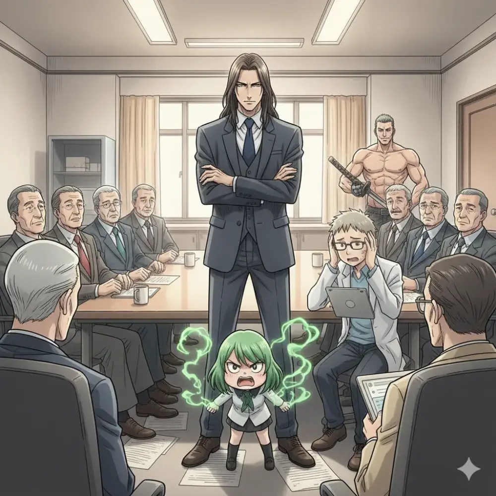 会議室で、長髪の男性がスーツ姿で腕を組み、中心に立っている。彼の足元には、緑色の髪の小さな少女が怒った表情で宙に浮き、電撃を放っている。手前にはタブレットを持つ若い男性が頭を抱えて座っており、その周囲には数人の年配の男性が会議テーブルを囲んで座っている。奥には刀を持つ上半身裸の男性も見える。