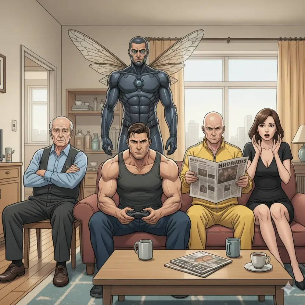 アパートの一室に数人の人物が集まっている。ソファにはゲームコントローラーを持った筋肉質な男性が座っており、その後ろには昆虫の羽根を持つサイボーグのような男性が立っている。ソファの右側には黄色いジャージを着たスキンヘッドの男性が新聞を読んでおり、その隣には黒いドレスを着た女性が座って驚いたような表情を見せている。左側には腕を組んだ年配の男性が椅子に座っている。テーブルの上には雑誌やカップが置かれている。