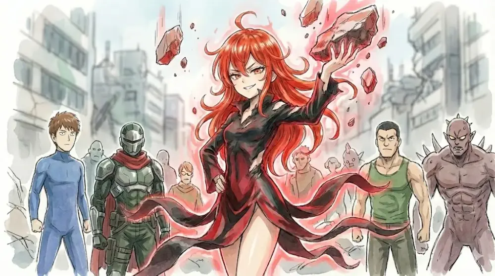 荒廃した都市で超能力の女性ヒーローを中心に、様々なオリジナルヒーローたちが集結するアニメ風イラスト