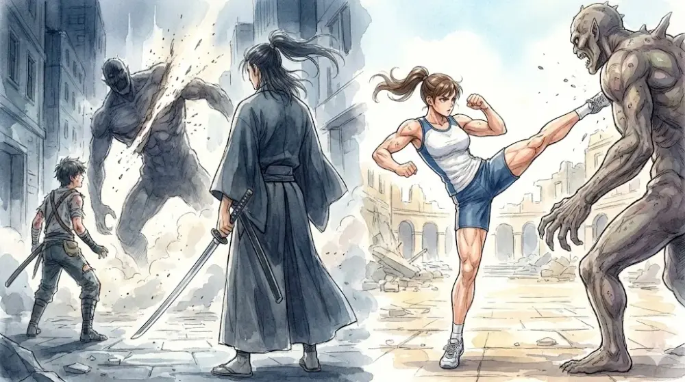 荒廃した街で侍の師弟と女性格闘家が怪人と戦う、アクションシーン満載のアニメ風イラスト
