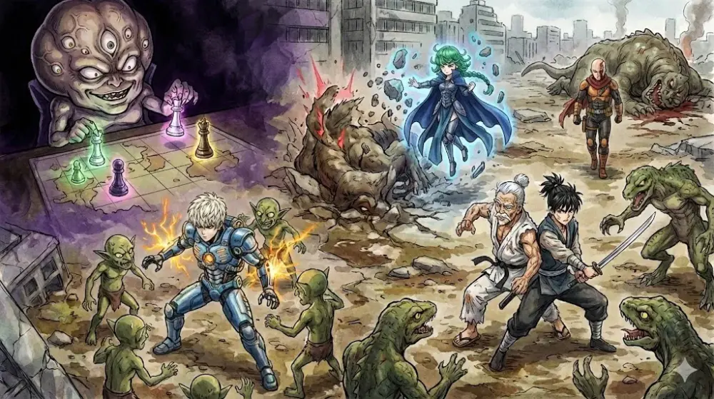 怪人協会が仕掛ける分断作戦!多腕の怪人が操るチェス盤上で、ヒーローたちが激戦を繰り広げるアニメ風イラスト