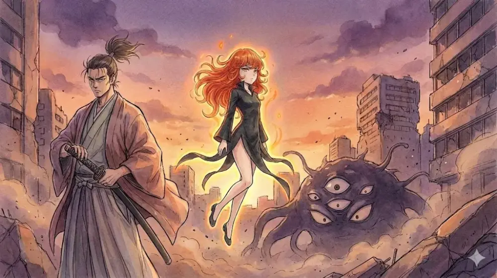 荒廃した夕焼けの街で、赤い髪の超能力少女と刀を構える侍が、巨大な怪人を前に立つアニメ風イラスト