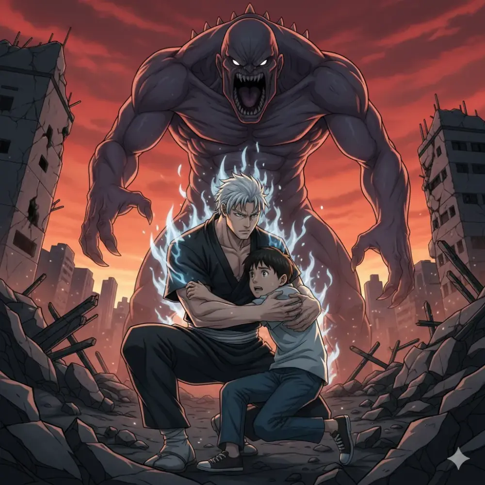 荒廃した都市を背景に、炎を纏う男性が少年を抱きかかえ、巨大な怪人から守っているアニメ調のイラスト。