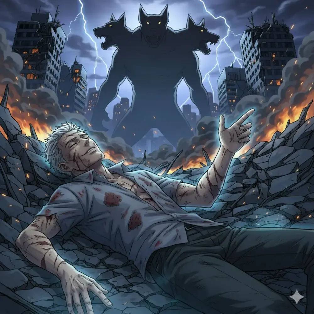 荒廃した都市で、三つ首の巨大な獣を背景に、傷だらけの男性が瓦礫に横たわり、手を伸ばしているアニメ調のイラスト。