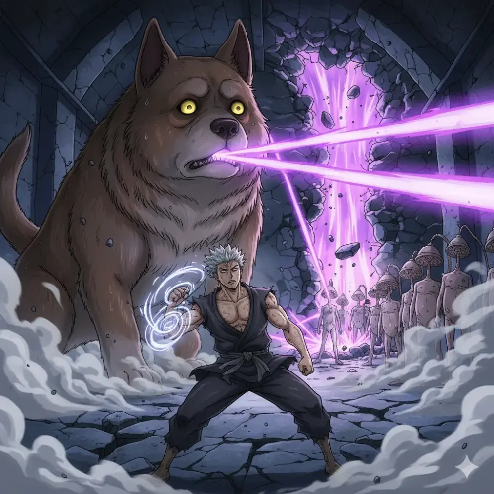 巨大な犬型怪人が口から強力なビームを放ち、黒い道着の男が構えている。周囲には地下通路と複数の異形怪人。