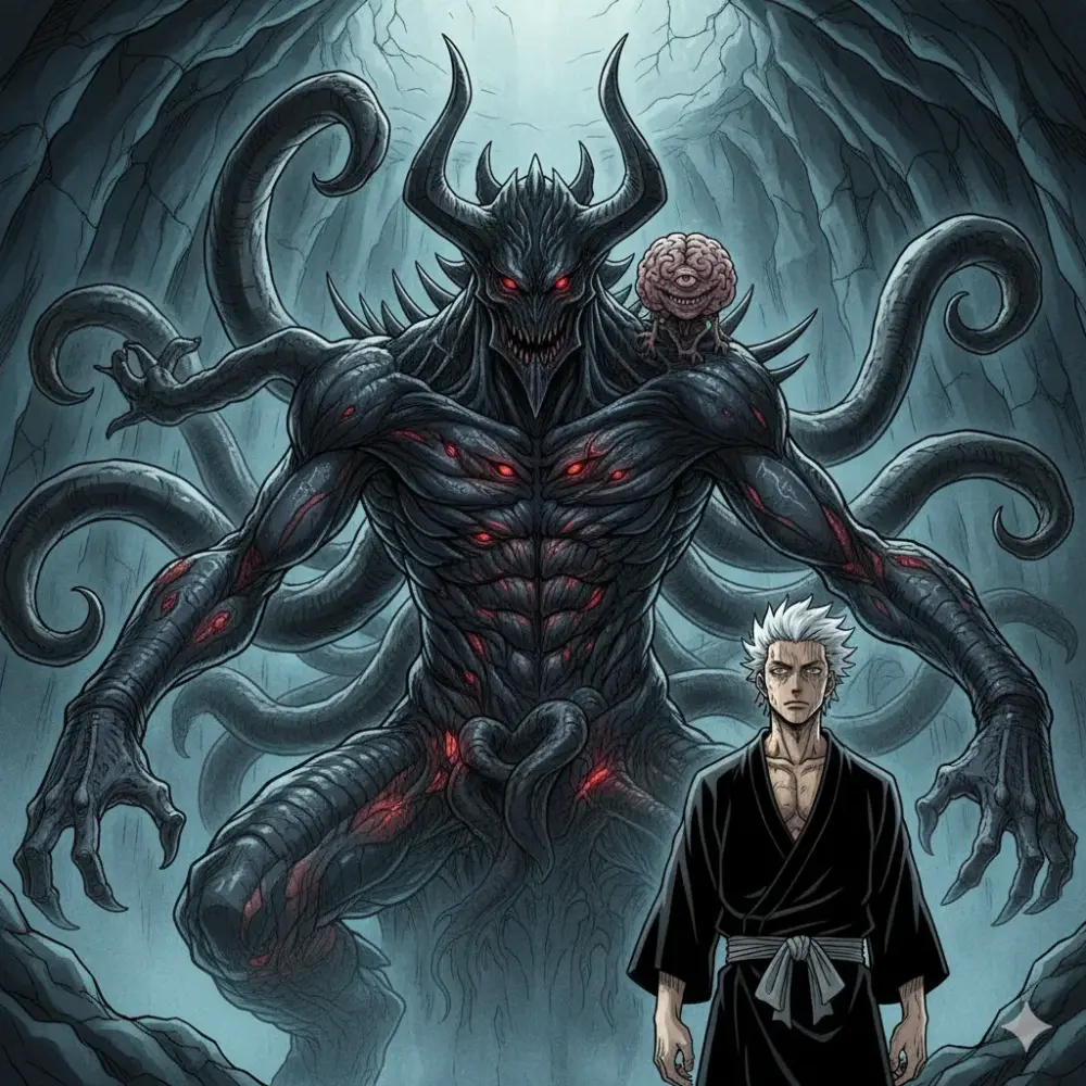 巨大な怪物と脳みその姿をした怪人の前に、黒い道着の男が立ちすくんでいる。