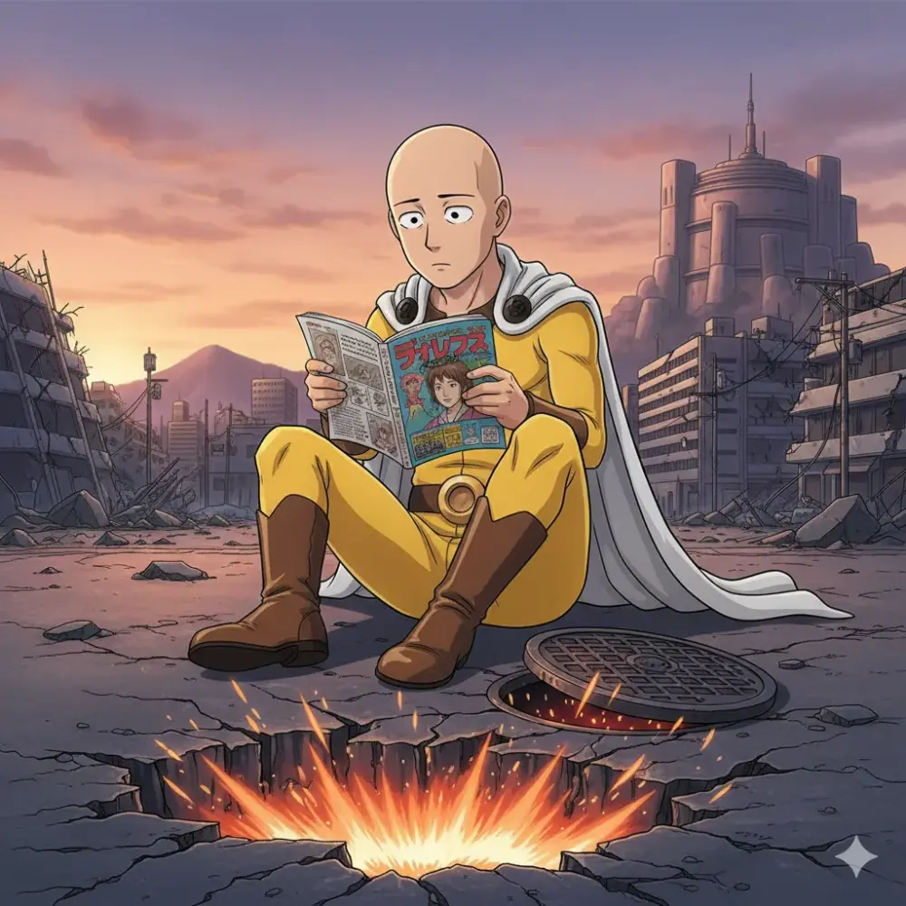 荒廃した都市で漫画を読むヒーロー。足元のマンホールからは爆発が起きている。
