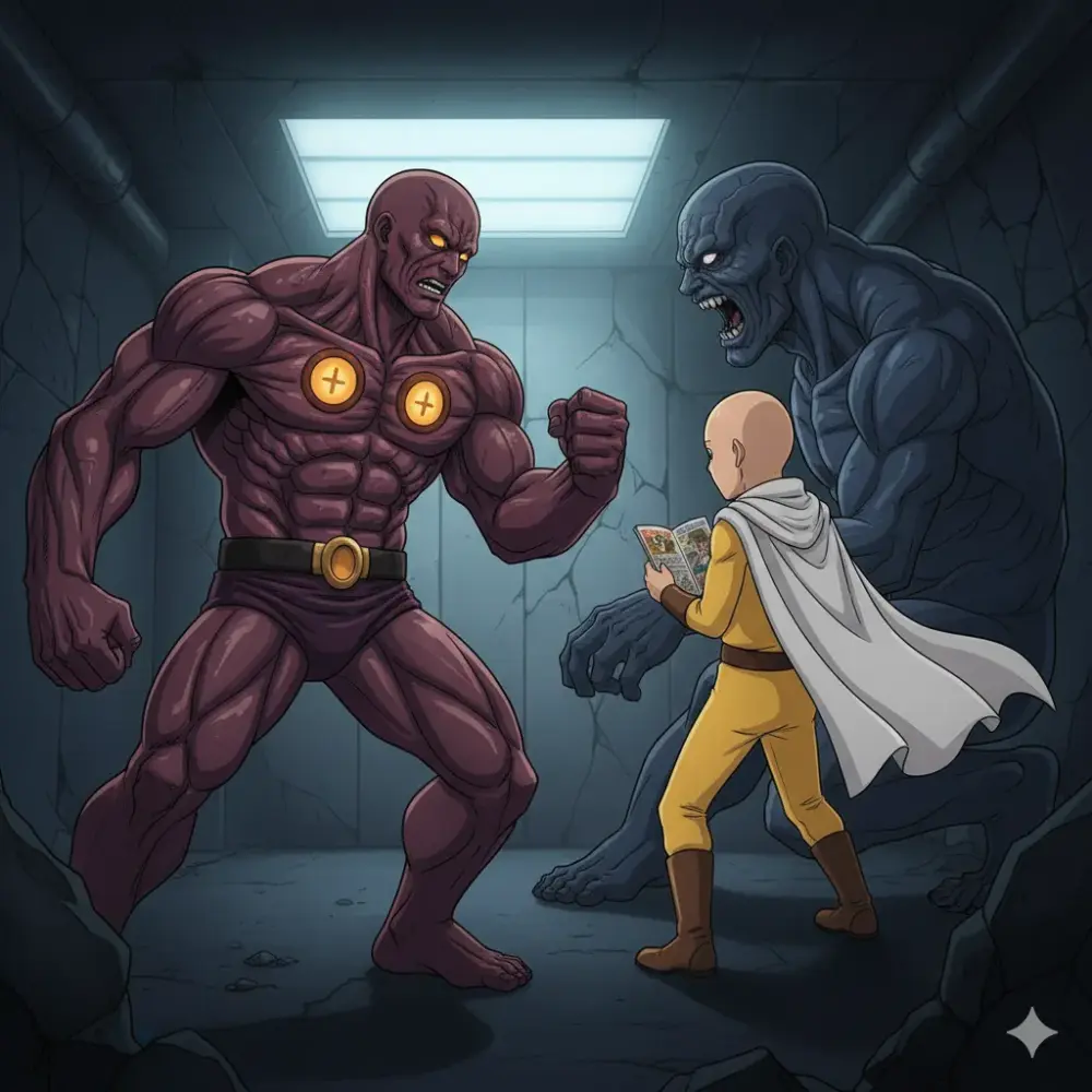 地下通路で2体の怪人と対峙しながら漫画を読んでいるヒーロー。