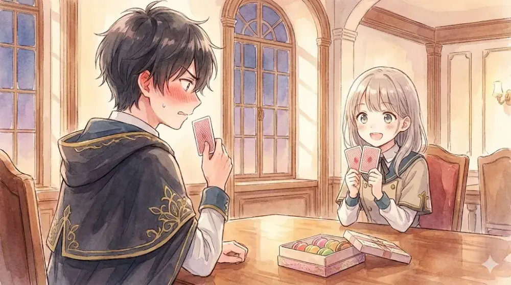 ババ抜きでわざと負けて赤面する少年と、マカロンを前に無邪気に喜ぶ少女の水彩イラスト。