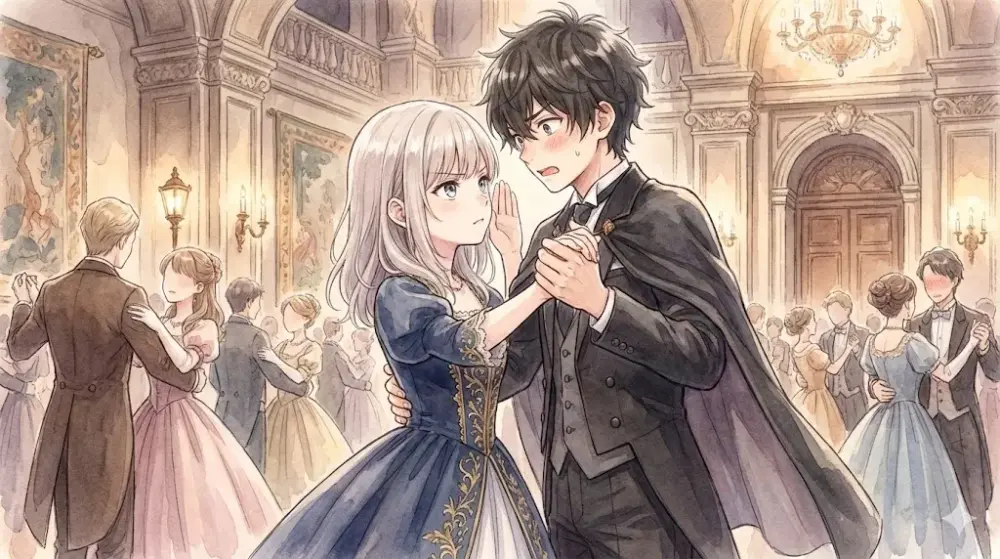 ダンスパーティーで少女が少年に秘密を打ち明け、少年が驚く水彩イラスト。 