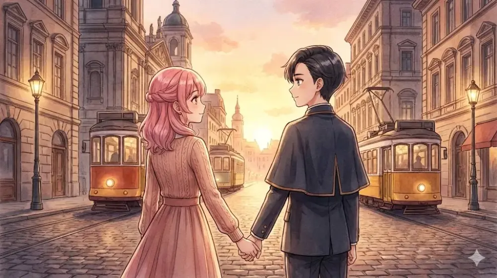 夕暮れの石畳の街路で手を取り合う男女の姿。