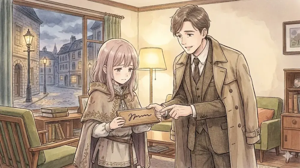 男性が少女にネームプレートを差し出す、夜の部屋のイラスト。