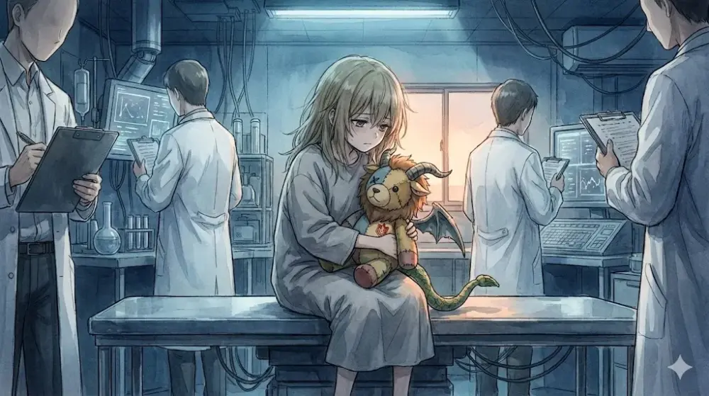 薄暗い研究所で、ぬいぐるみを抱きながら座る少女と研究者たちのイラスト。