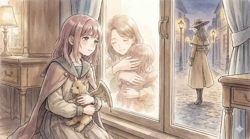 窓際でぬいぐるみを抱き、寂しそうな表情で遠くを見つめる少女のイラスト。