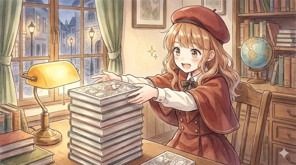 積み重ねられた漫画本に手を伸ばし、笑顔を見せる少女のイラスト。