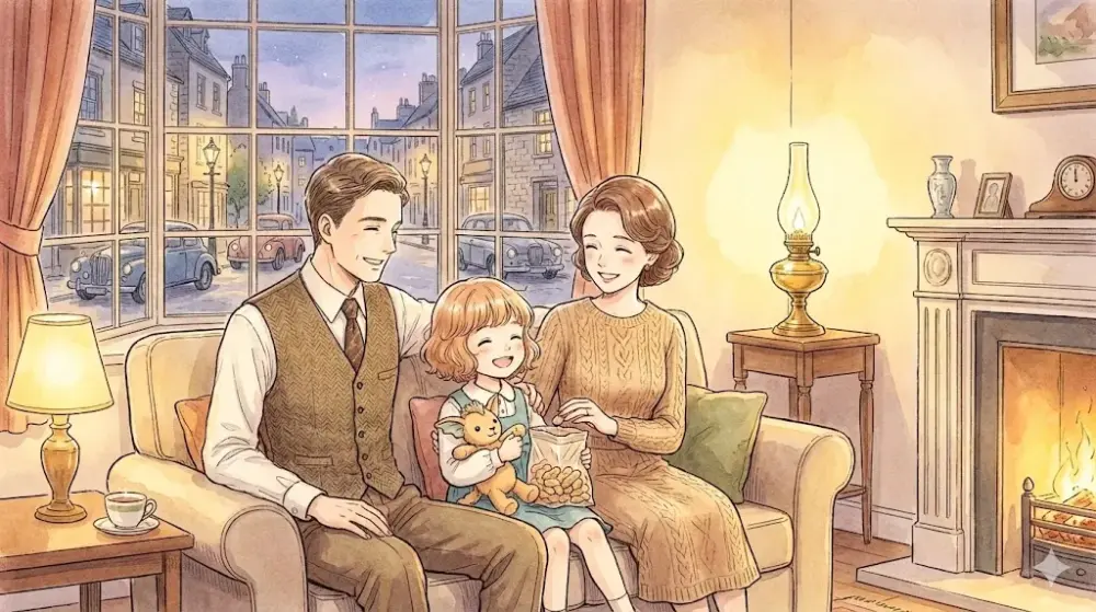 暖炉のある部屋で、家族3人がソファーに座って笑顔で談笑するイラスト。