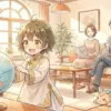 暖かなリビングで地球儀を指差す子供と、それを見守る夫婦の家族団らん。