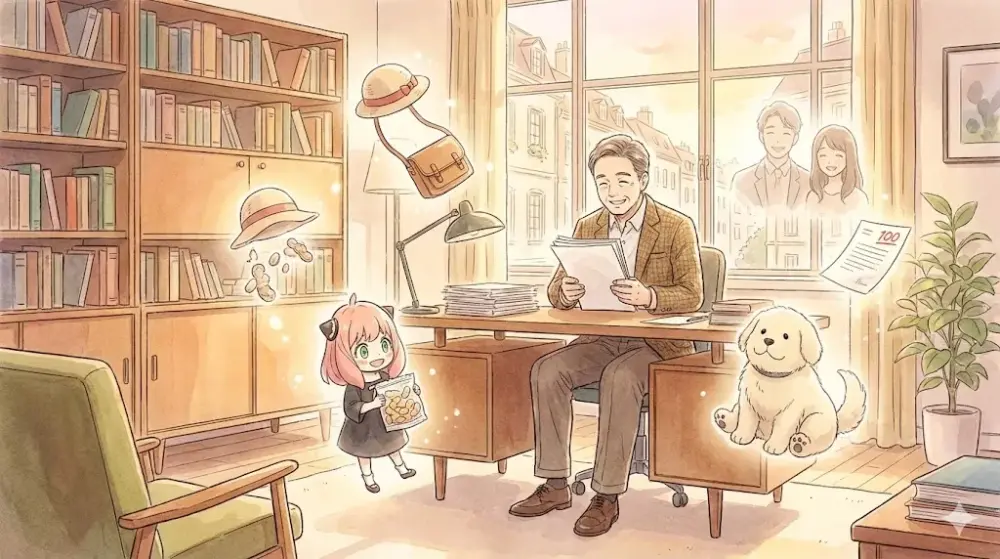 書斎で仕事をする父親と、お菓子を持って笑顔で浮遊する娘。