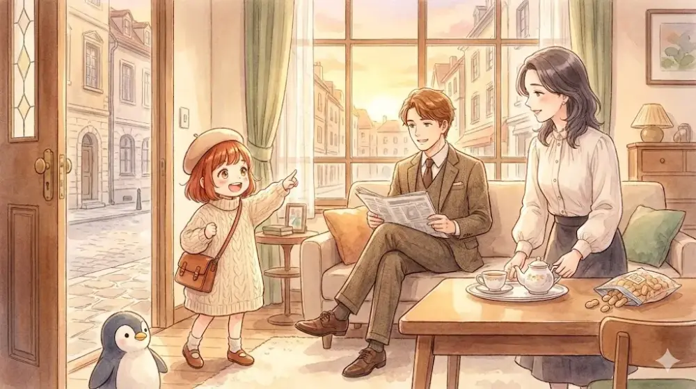 「おでけけ」と外を指差す少女、見守る夫婦、ペンギンが微笑ましい一枚。