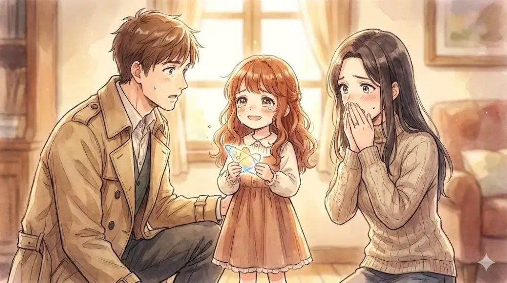 泣きながら光る星を差し出す少女と、それを見つめる両親の感動的な家族の絆。