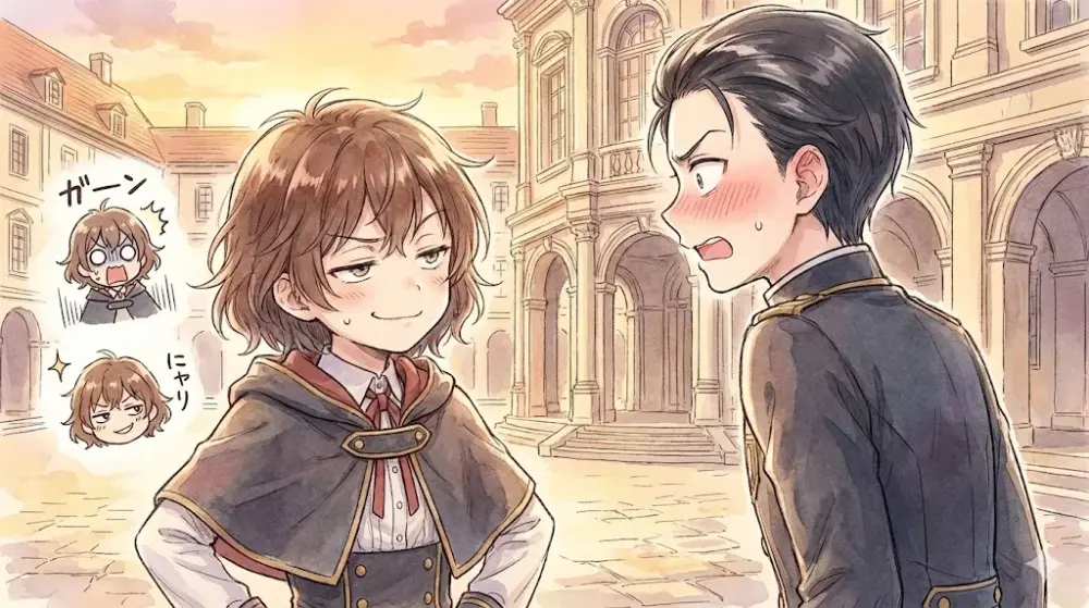 余裕の笑みを浮かべる少女と、困惑する少年のコミカルな交流。