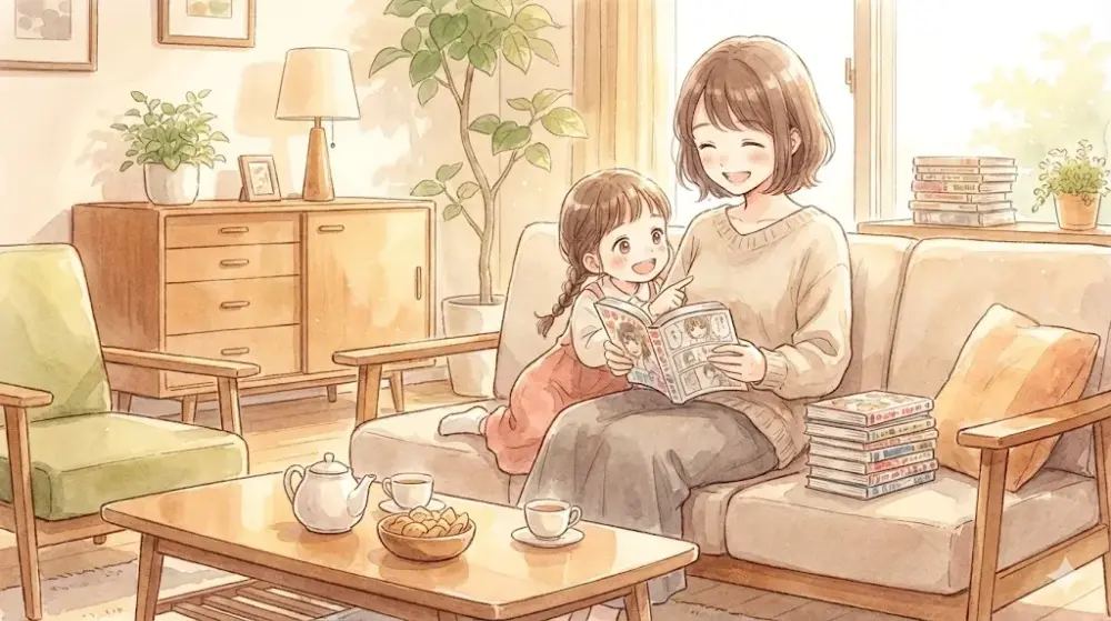 母親と娘がソファで漫画を読みながらくつろぐ、心温まる団らんの風景。