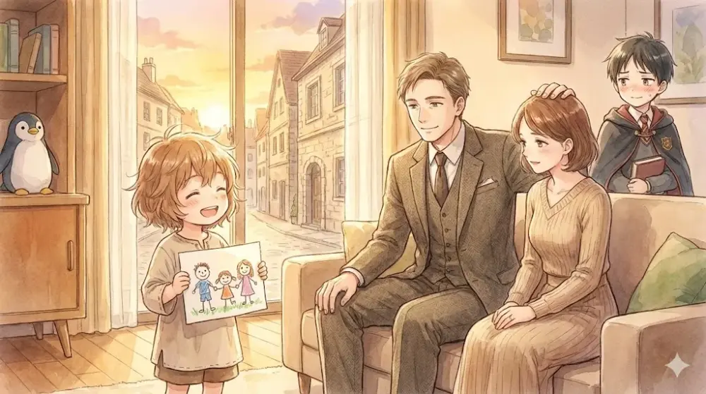 家族の絵を見せる少女と、それを見守る大人たちの温かい眼差し。