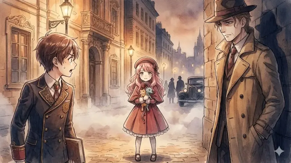 夕暮れの街角、少年と少女、そして謎めいた男が交錯するアニメ風情景 