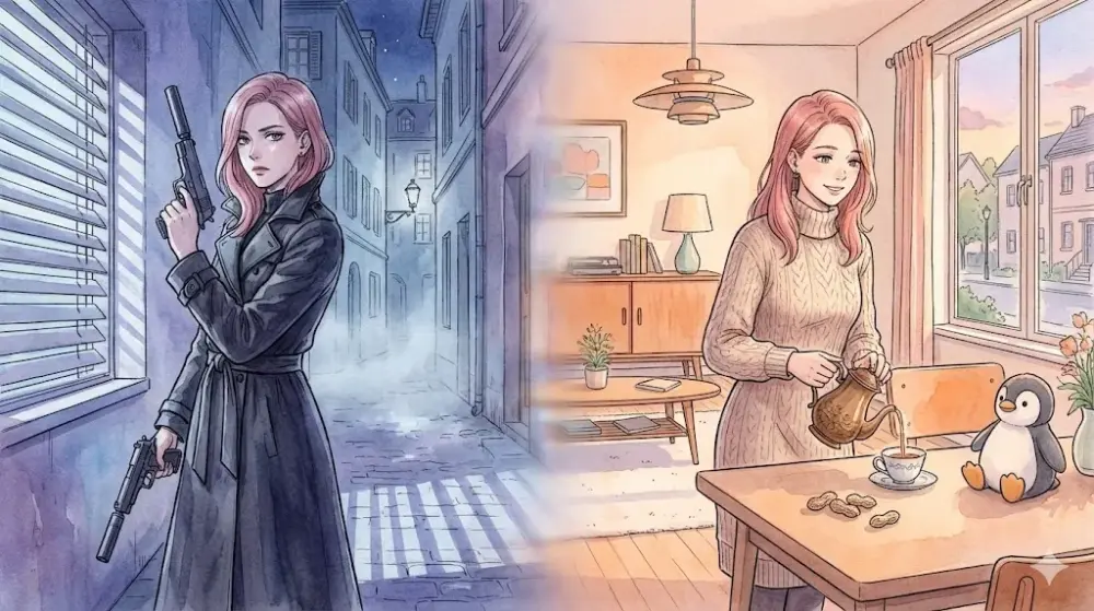 レトロでシックな夜の街、クールビューティーな女性スパイの挿絵 