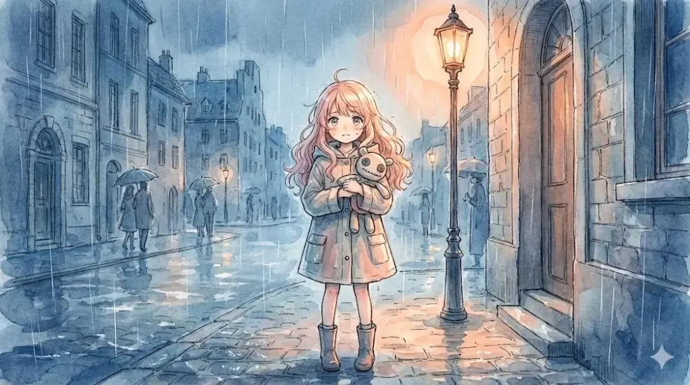 哀愁漂う夕暮れ、異形の動物と少女が立ち尽くす水彩アニメ風イラスト