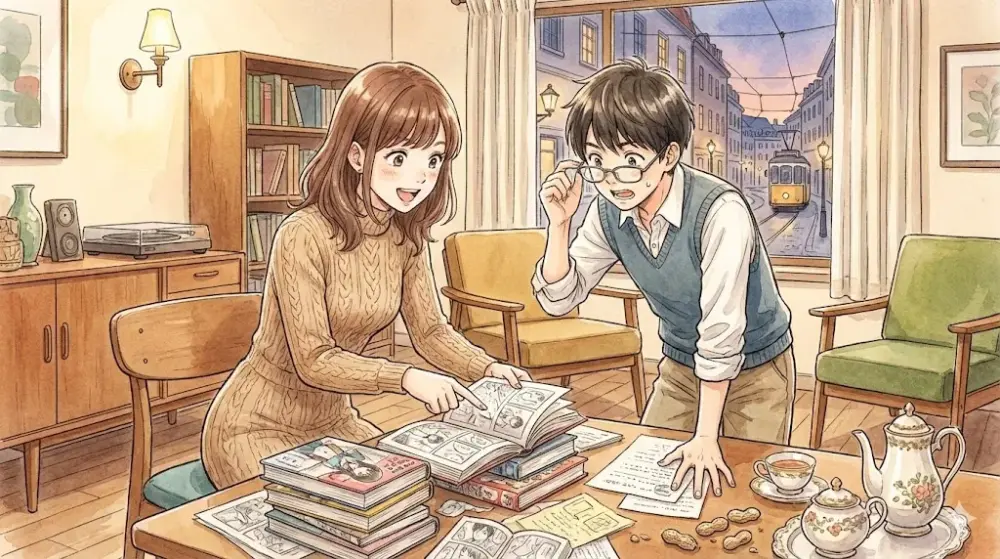 漫画を読む男女と路面電車が見える窓辺のレトロな部屋のイラスト