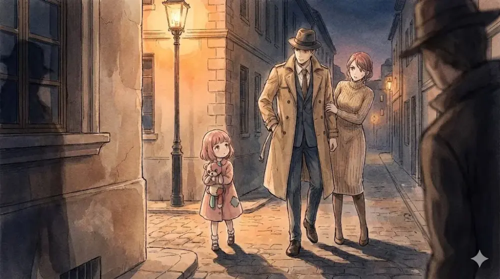 夜の石畳の道を歩く家族と、物陰から見守る人物のアニメ風イラスト