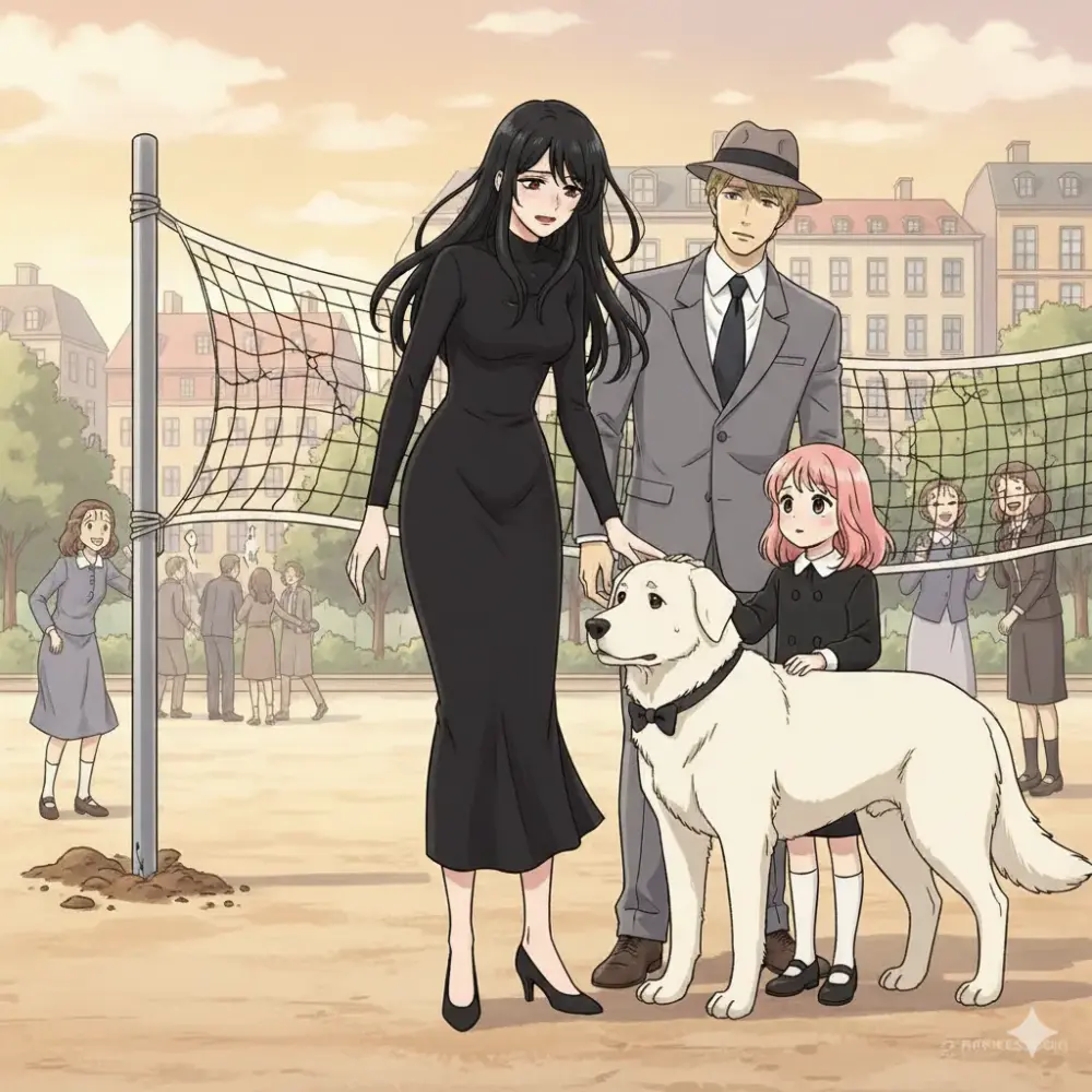 夕焼け空の下、バレーボールネットのそばに立つ家族。女性がネットに手を置き、男性と少女、大型犬が寄り添う。周囲には人々がいる