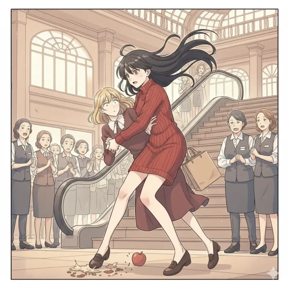百貨店で、赤い服の女性が階段から落ちそうになった金髪の女性を抱きとめている。周囲の店員たちは驚きや感嘆の表情で見つめている。床にはリンゴが転がり、買い物袋も見える。