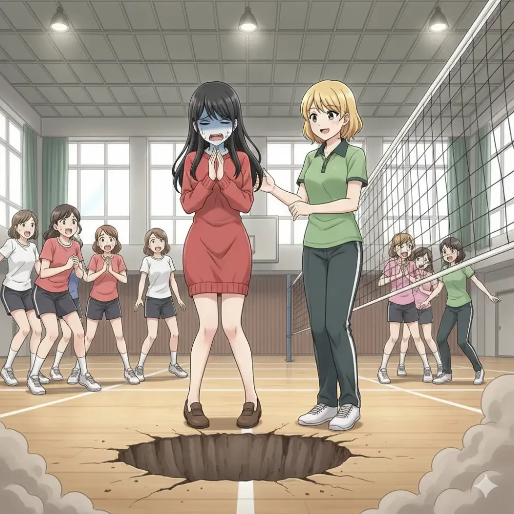 体育館のバレーボールコートで、中央の女性が地面に大きな穴を開けてしまい、青ざめた表情で謝っている。隣の女性が優しく手を差し伸べ、周囲の友人たちは驚きながらも笑いをこらえている。