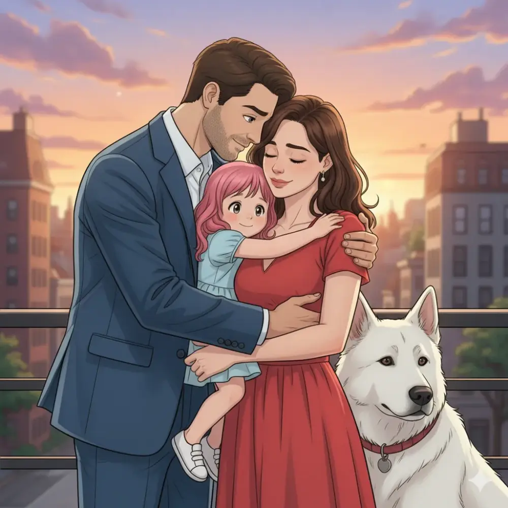 夕焼け空の下、屋上から街を背景に、愛情深く抱き合う家族（男女と少女、犬）のアニメイラスト。