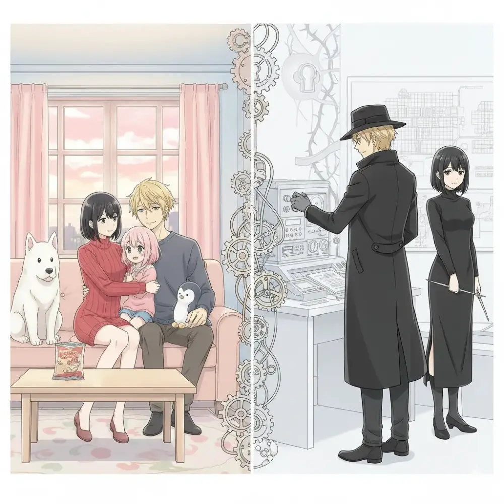 中央で歯車が分割する画面の左側にはリビングで団らんする家族、右側には帽子とコートの男性と杖を持つ黒服の女性が描かれている。